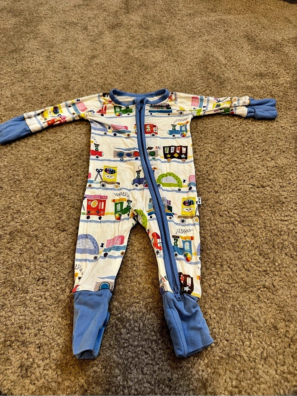 Little Sleepies Train Mountain Village Zippy Footie, White & Blue